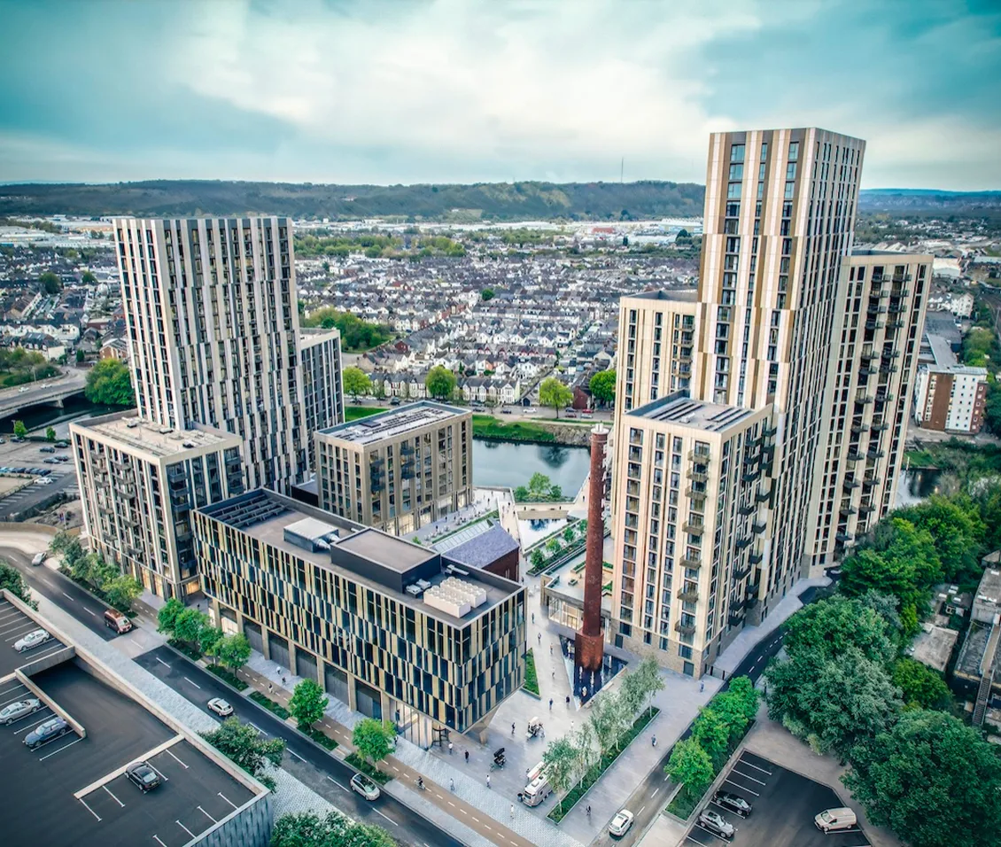 Tai Afon - Cardiff Central Quay aerial drone looking over the River Taff